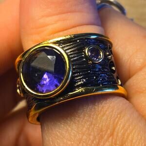 Size 10 Gold and Chrome Toned Round Cut Amethyst Style Ring
